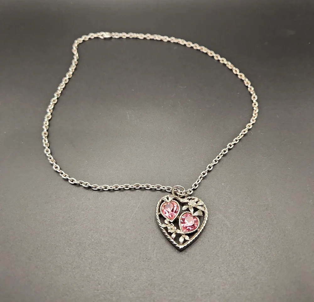 Sarah Coventry Silver Tone Love Story Pendant Necklace Pink Stone Vintage 1970s